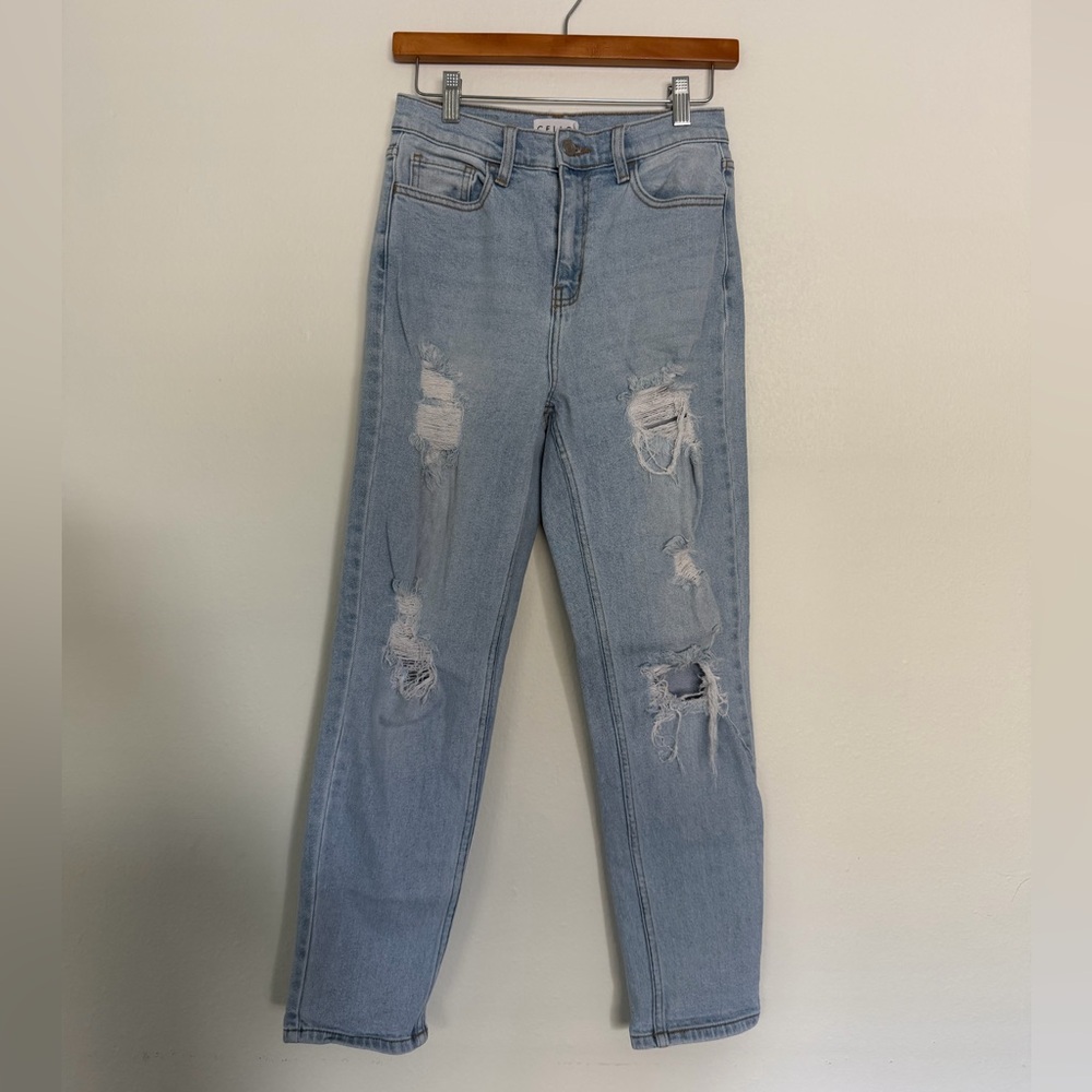 Cello Light Blue Distressed Straight-Leg Jeans
